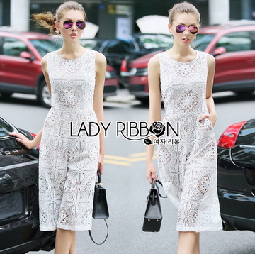 Lady Ribbon Online เสื้อผ้าออนไลน์ ขายส่งของแท้ราคาถููก LR06110716 🎀 Lady Ribbon's Made 🎀 Lady Katy Smart Casual White Guipure Lace Jumpsuit
