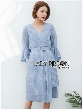 Lady Ribbon Cotton Dress เดรสสีฟ้าลายทาง