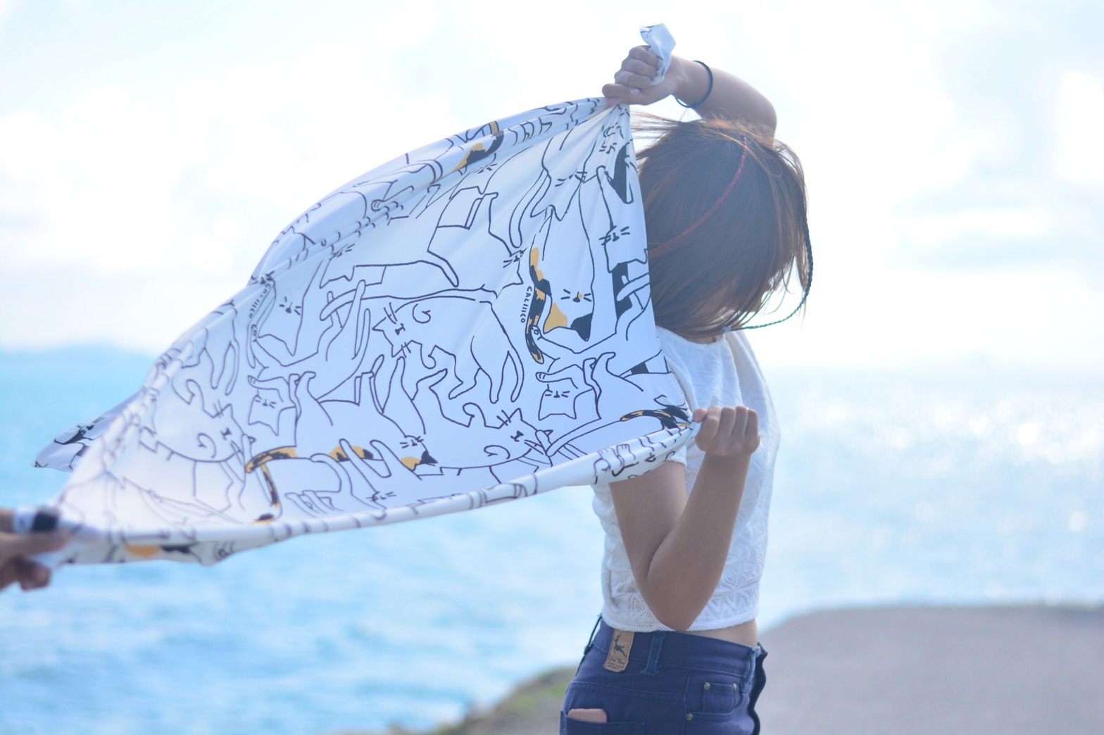 ผ้าพันคอ ลายมีแมวกี่ตัว สีขาว Silk satin Scarf fabric print with how many cats white color