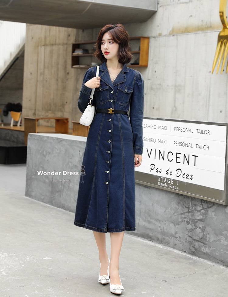 เดรสยีนส์ทรงสวยแต่งกระดุมผ่าด้านหน้า