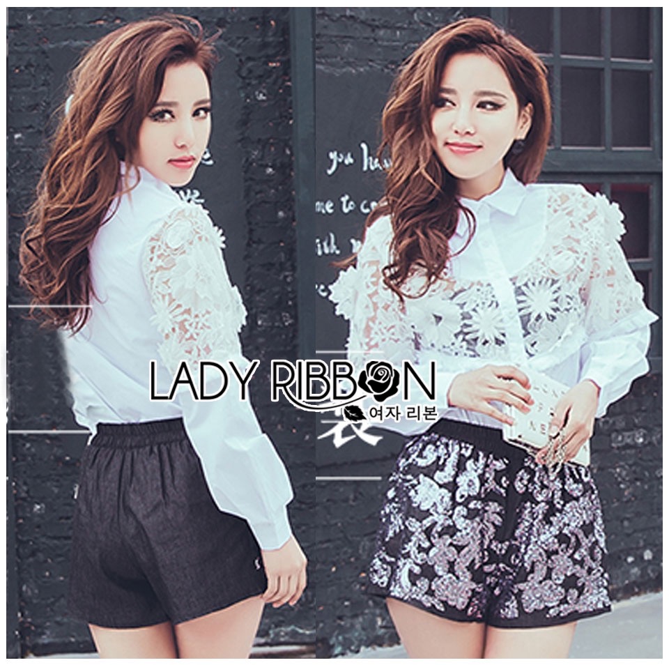 Lady Ribbon Online Lace Cotton Shirt ออนไลน์ เชิ้ตผ้าคอตตอนตกแต่งผ้าลูกไม้ซีทรูสไตล์มินิมัล