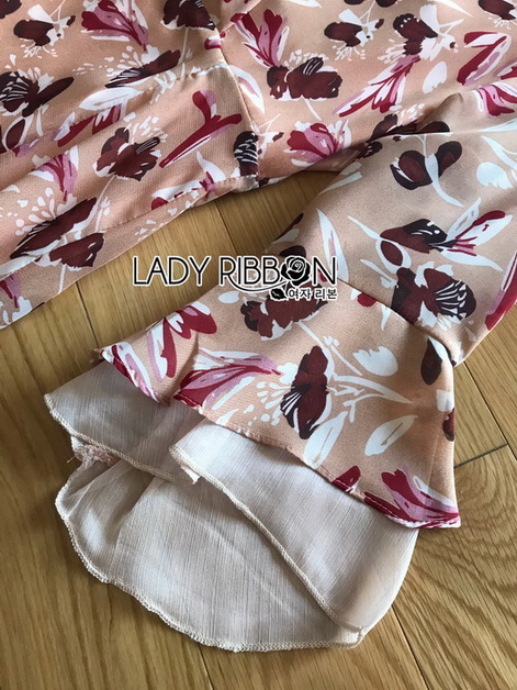 เดรสสีโอลโรสพิมพ์ลายดอกไม้ตกแต่งระบาย