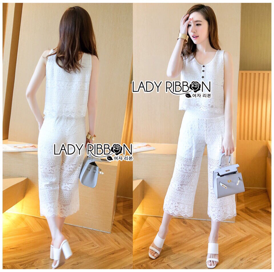 Lady Ribbon Online LR23090616 🎀 Lady Ribbon's Made 🎀 Lady Cara Holiday Casual White Lace Cropped Top and Culottes Set