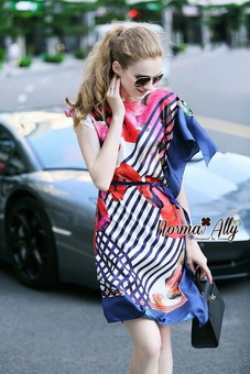 Lady Ribbon Online ขายส่งเสื้อผ้าแฟชั่นออนไลน์ เสื้อผ้า Normal Ally NA11080816 🎉Normal Ally Present Elegance Silp scarf dress🎉 (เดรสคลุม + เชือกพันรอบเอว)