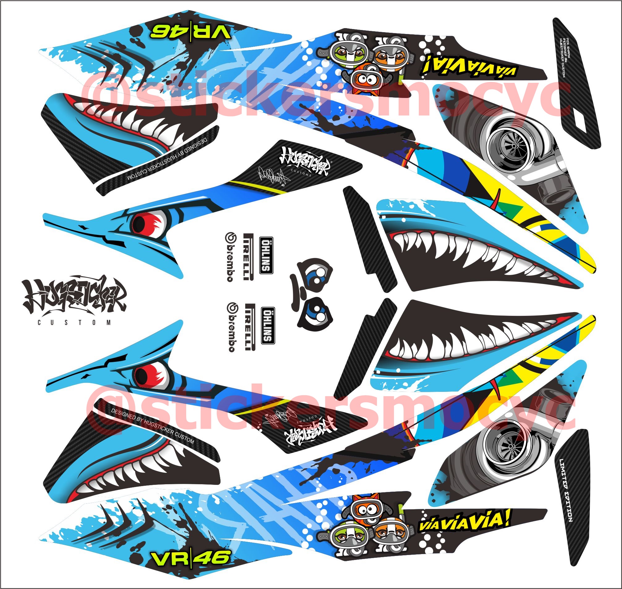 สติ๊กเกอร์ติดรถมอเตอร์ไซค์ PCX 150 แต่ง ลาย Shark Rossi ติดรถได้ทุกสี เคลือบใสกันรอย