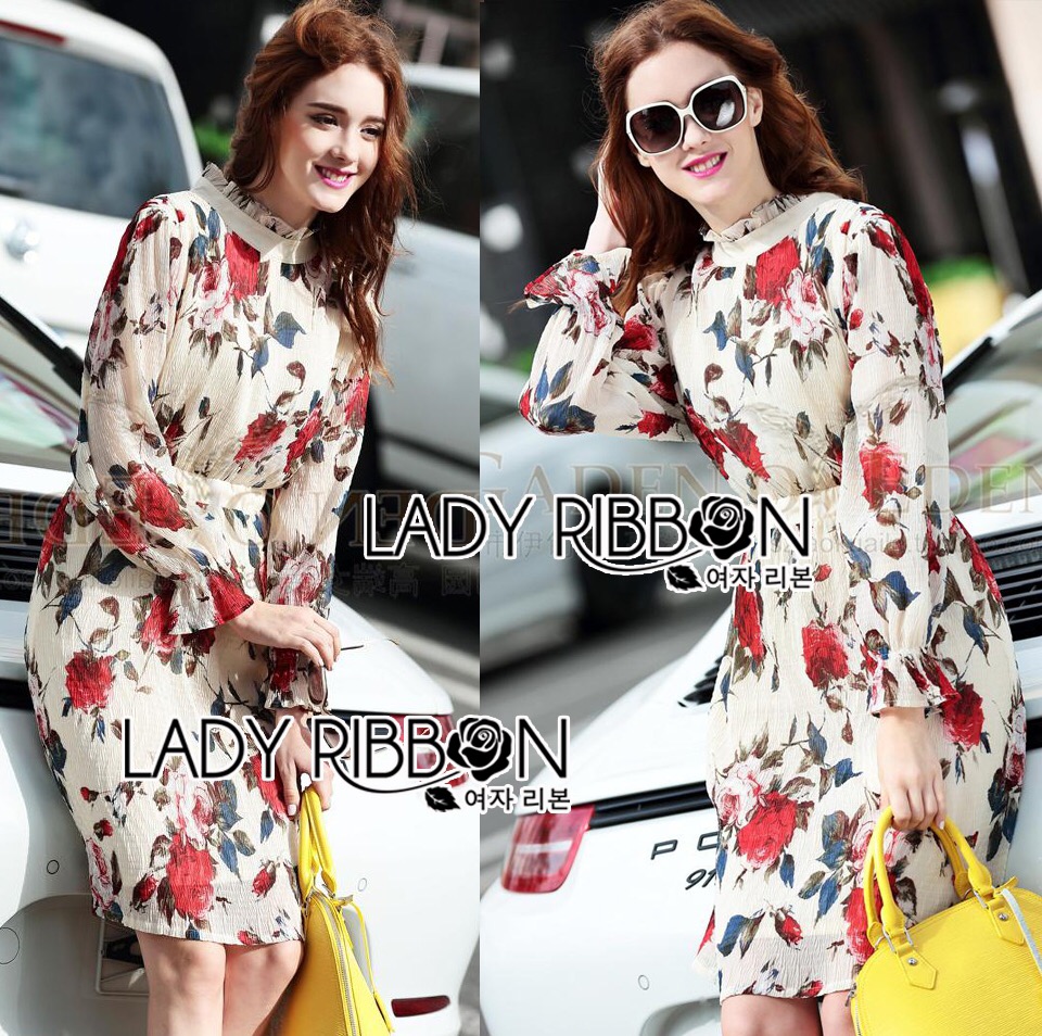 lady Lady Ribbon เสื้อผ้าพร้อมส่ง เสื้อผ้า Lady Ribbon พร้อมส่ง เลดี้ริบบอน Lady Ribbon's Made 🎀 ady Diane Red High-Neck Rose Printed Chiffon Dress