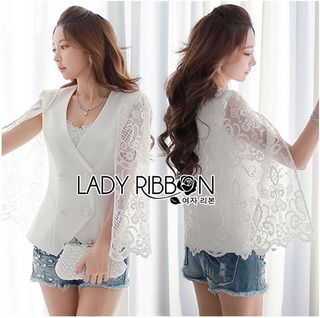 Lady Ribbon Online ขายส่งเสื้อผ้าออนไลน์เลดี้ริบบอน LR14010816 🎀 Lady Ribbon's Made 🎀 Lady Maria Elegant Double-Breast White Lace Jacket แจ๊คเก็ต