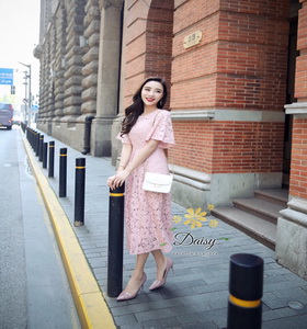 เสื้อผ้าลูกไม้กระโปงแฟชั่นเกาหลีสีชมพู
