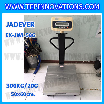 เครื่องชั่งดิจิตอลตั้งพื้น ยี่ห้อ JADEVER รุ่น EX-JWI-586 ขนาดแท่น 50x60cm. พิกัดน้ำหนัก 300kg ค่าละเอียด 20g พร้อมที่เข็นและล้อ
