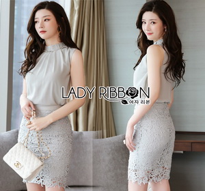 Lady Ribbon Embellished Crepe Top and Lace Skirt