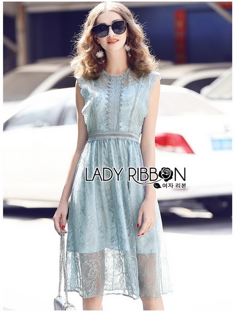 เดรสสั้นผ้าลูกไม้สีฟ้าสดใสสไตล์ซัมเมอร์