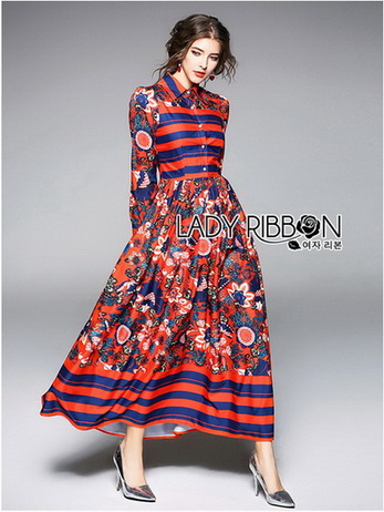 เชิ้ตเดรสพิมพ์ลายดอกไม้สลับลายทาง