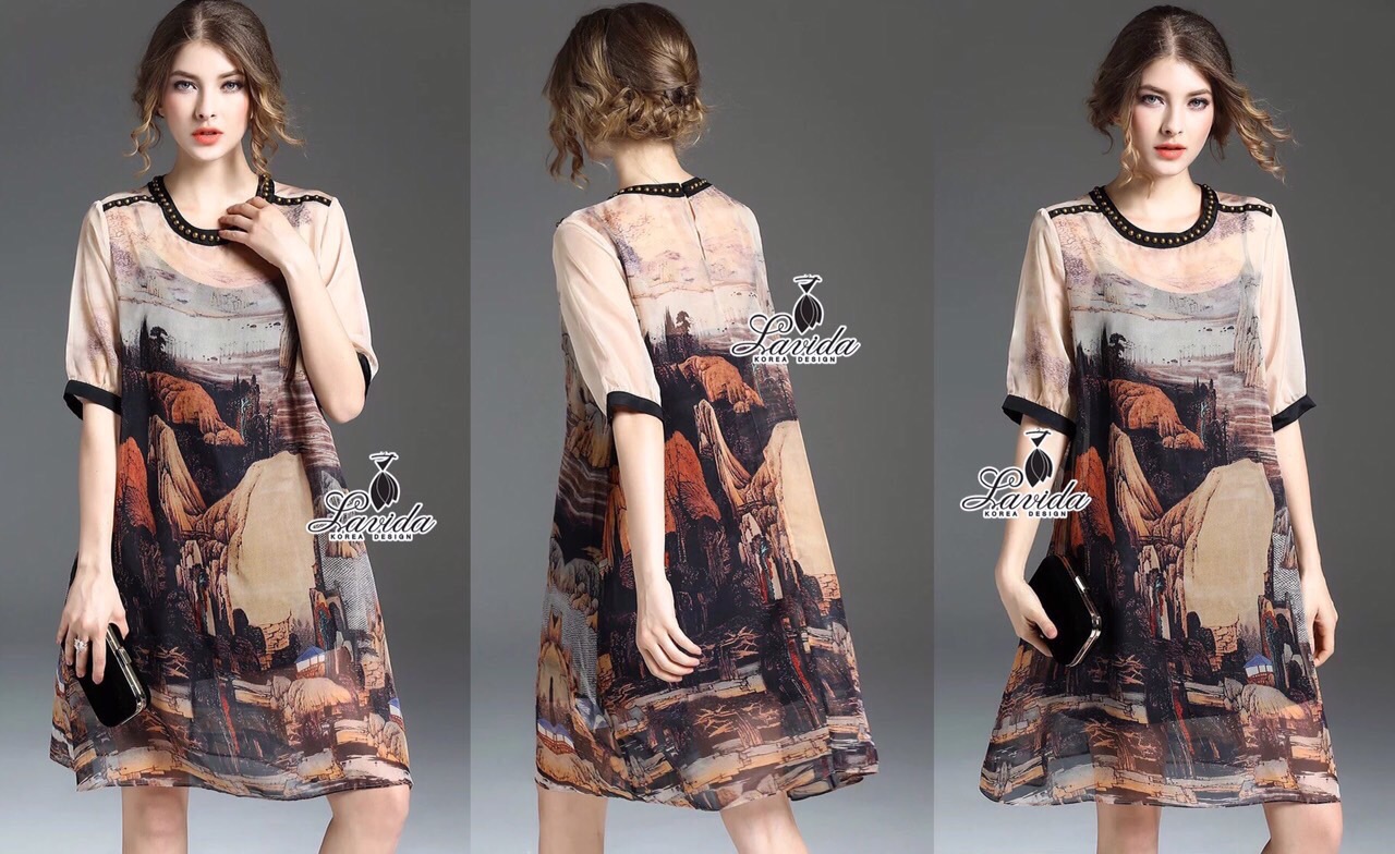 Lady Ribbon Online Lavida เสื้อผ้า LV07200616 🍭Korea Design By Lavida valley printing knoty embroidered neck vintage dress