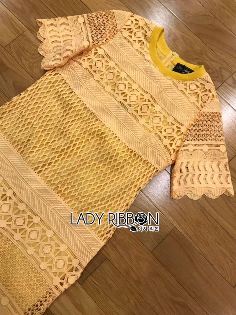 เดรสแขนสั้น ผ้าลูกไม้สีเหลือง สไตล์คลาสสิค