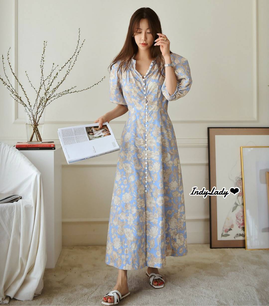 Maxi Dress แขนสั้น ลายดอกไม้