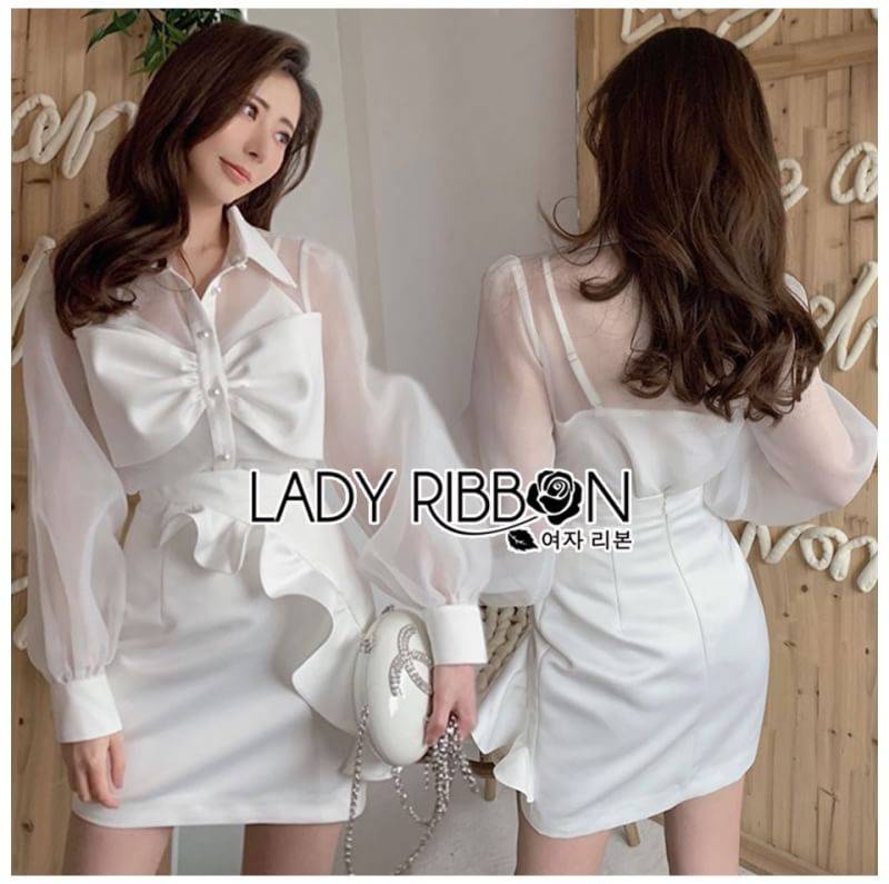 เซ็ตเสื้อเชิ้ตผ้าจอร์เจียสีขาวตกแต่งริบบิ้นและกระโปรงตกแต่งระบาย