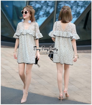 VP02310816 Luxury Floral Embroidery MINI Dress มินิเดรสสไตล์เกาหลี น่ารักมากค่ะ