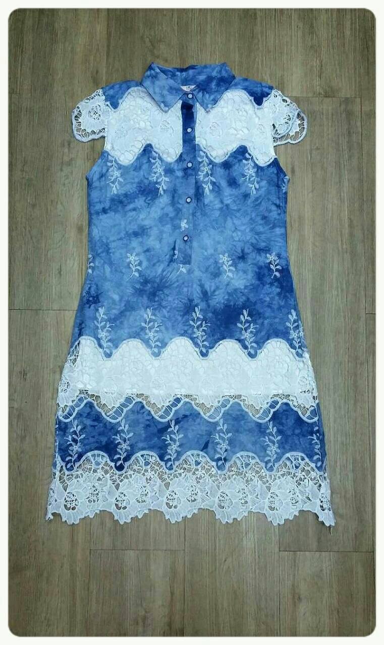 SW16010916 Sweet Bunny Present... Stripe Lace Denim Dress เดรสยีนส์ลูกไม้