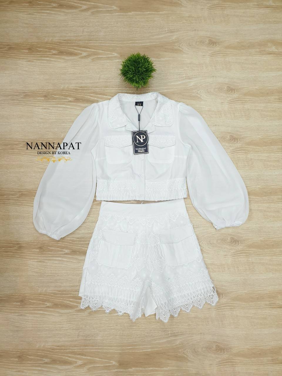 เซทแขนพองกระดุมหน้าแต่งกระเป๋าคู่