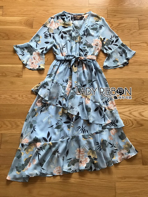 Dress เดรสผ้าชีฟองสีฟ้าพิมพ์ลายดอกไม้