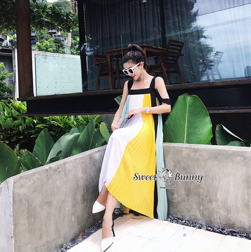 เดรสยาวอัดพีทงานแบรนด์เนมผ้าชีฟอง