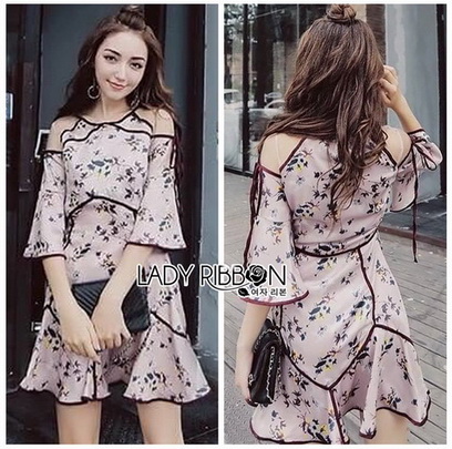 เดรสผ้าเครปพิมพ์ลายดอกไม้ตกแต่งริบบิ้น