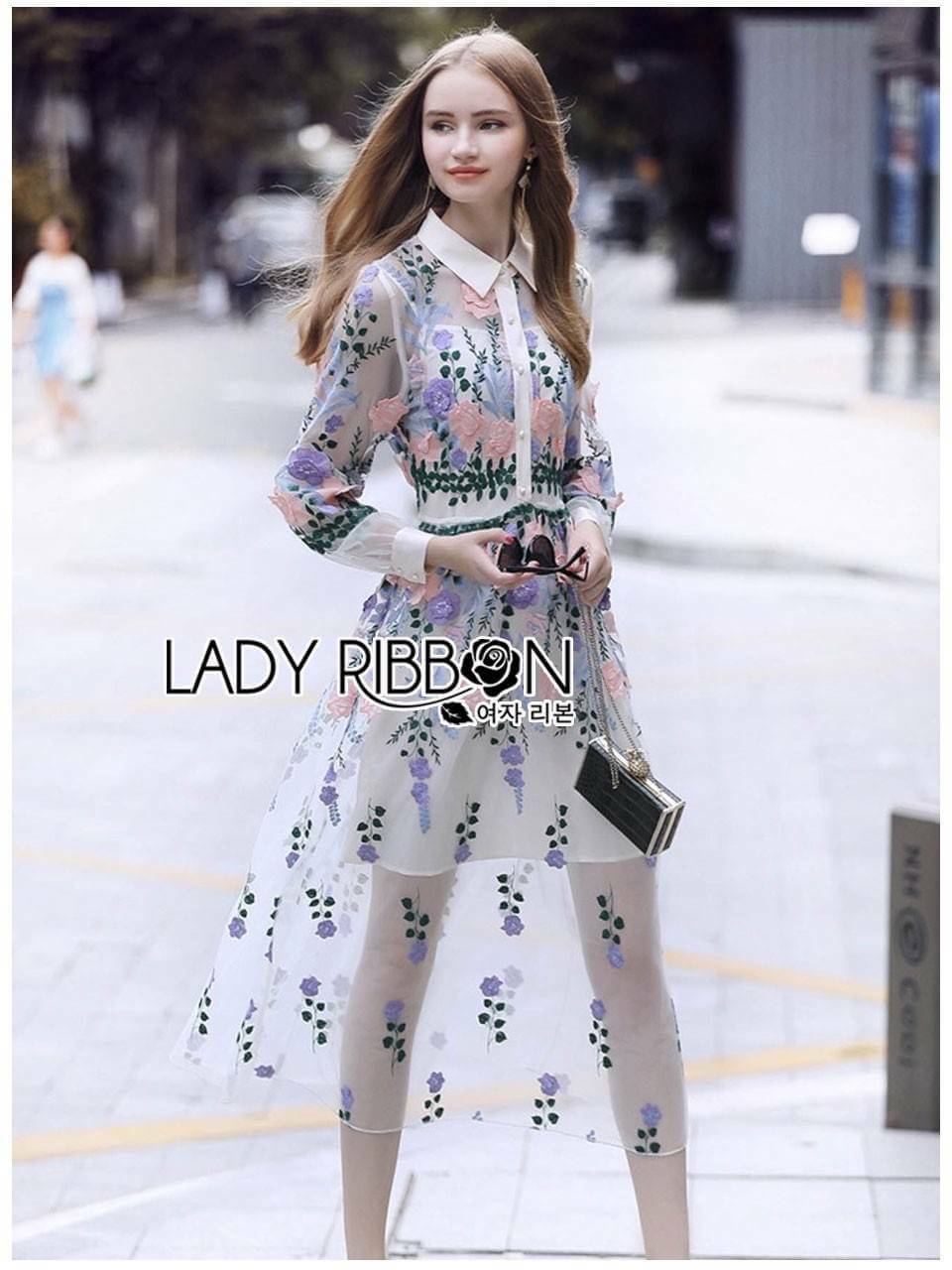 เชิ้ตเดรสผ้าทูลเลโปร่งปักลายดอกไม้ลุคนี้ใส่ออกงาน