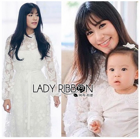 เดรสยาวผ้าลูกไม้สีขาวพร้อมริบบิ้น