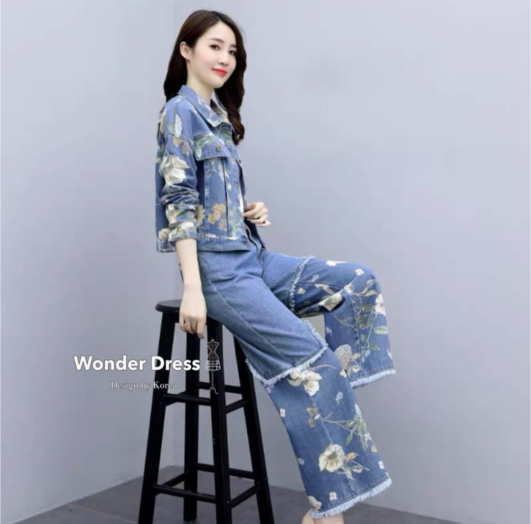 ชุดเซทเสื้อแจ๊คเก็ตกับกางเกงยีนส์เซทรี้