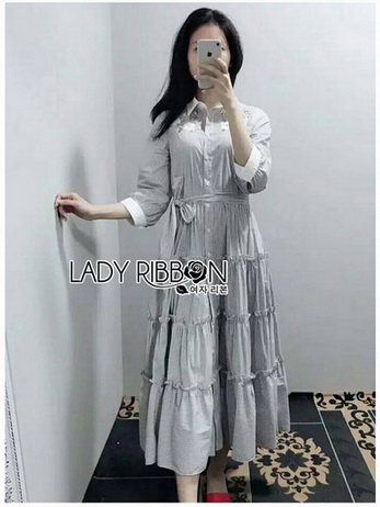 Striped Ruffle Layered Shirt Dress with Ribbon