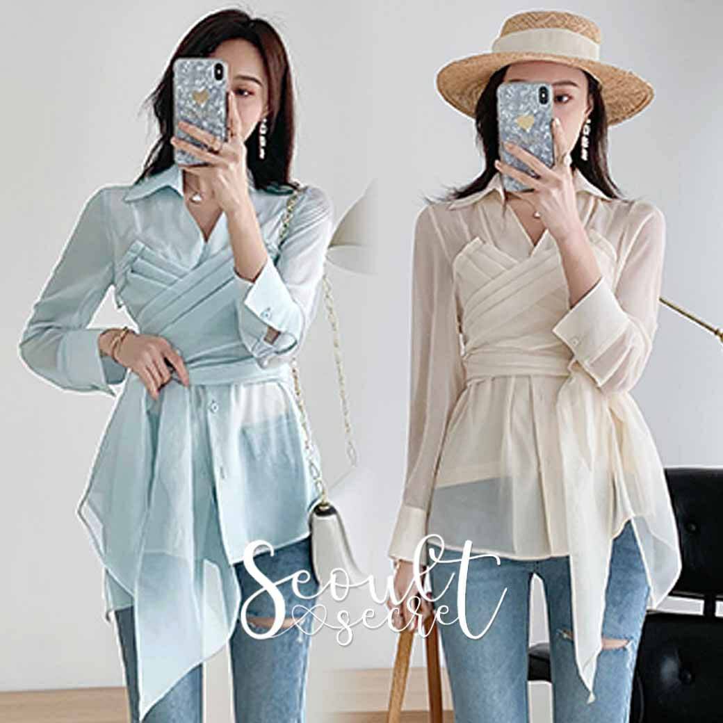 เสื้อเนื้อผ้าแก้วแบบโปร่ง2สีเสื้อเชิ้ตแขนยาว