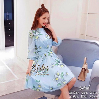 2Sister Made, Sweet Lovely Cuties Blue Wonder Dress เดรสสั้นลุคสาวหวาน ผ้าchiffonพริ้วบางเบาพิมพ์ลายดอกสวยทั้งตัว