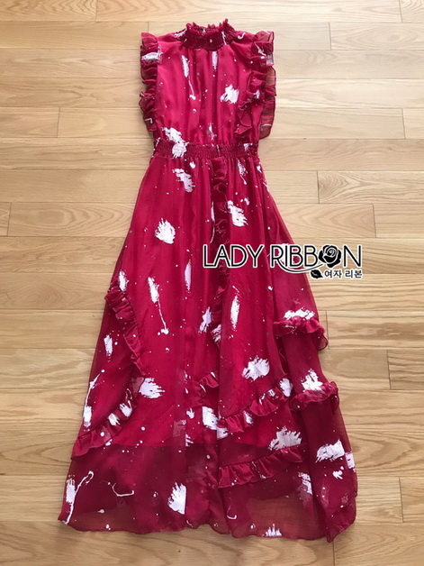 เดรสยาวผ้าชีฟองสีแดงพิมพ์ลายตกแต่งระบาย