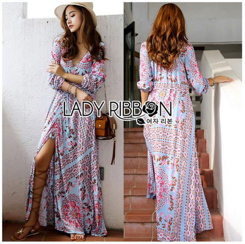 Lady Ribbon Maxi Dress เดรสยาวผ้าเครปสีฟ้า