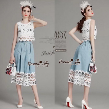 Lady Ribbon ขายส่งเสื้อผ้าออนไลน์พร้อมส่งของแท้ NA04220716 🎉Normal Ally Present summer collection denim and lace casual