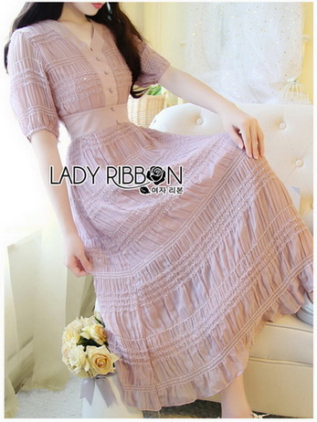 เดรสสีชมพูแขนสั้นจับสม็อคตกแต่งระบาย