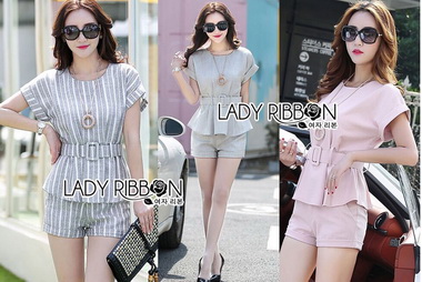 Lady Ribbon Online ขายส่งเสื้อผ้าออนไลน์ของแท้ LR02300616 🎀 Lady Ribbon's Made 🎀 Lady Amanda Smart Minimal Belted Top and Shorts Set