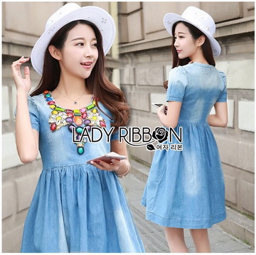 Lady Ribbon Online ขายส่งเสื้อผ้าออนไลน์ เลดี้ริบบอน LR15280716 🎀 Lady Ribbon's Made 🎀 Lady Dana Feminine Colourful Embellished Blue Denim Dress
