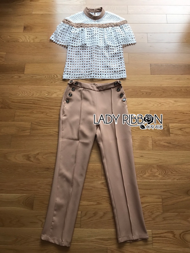 Beige Pants Set Lady Ribbon ขายเซ็ตเสื้อลูกไม้