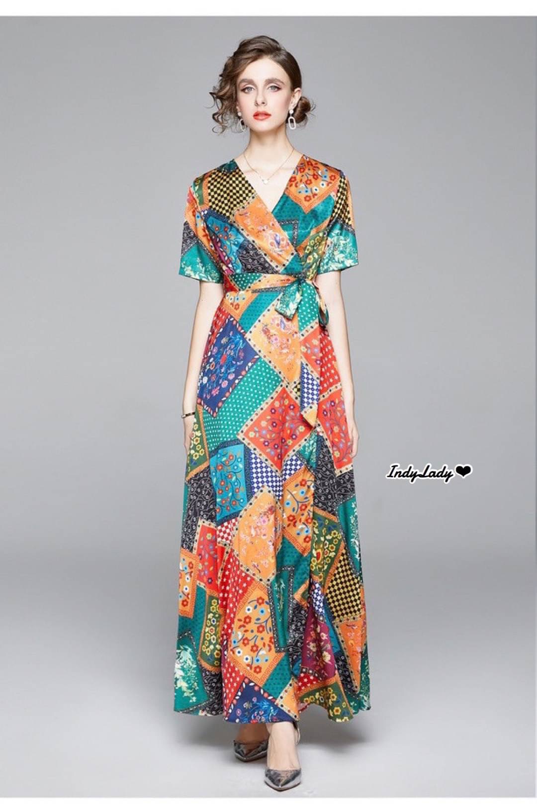 Dress คอวีไขว้หน้า ซิปหลัง