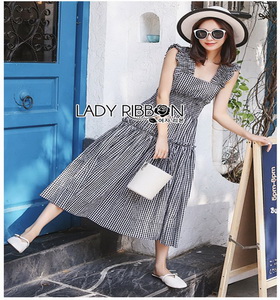 Chic Ruffle Checked Lady Ribbon Cotton Dress