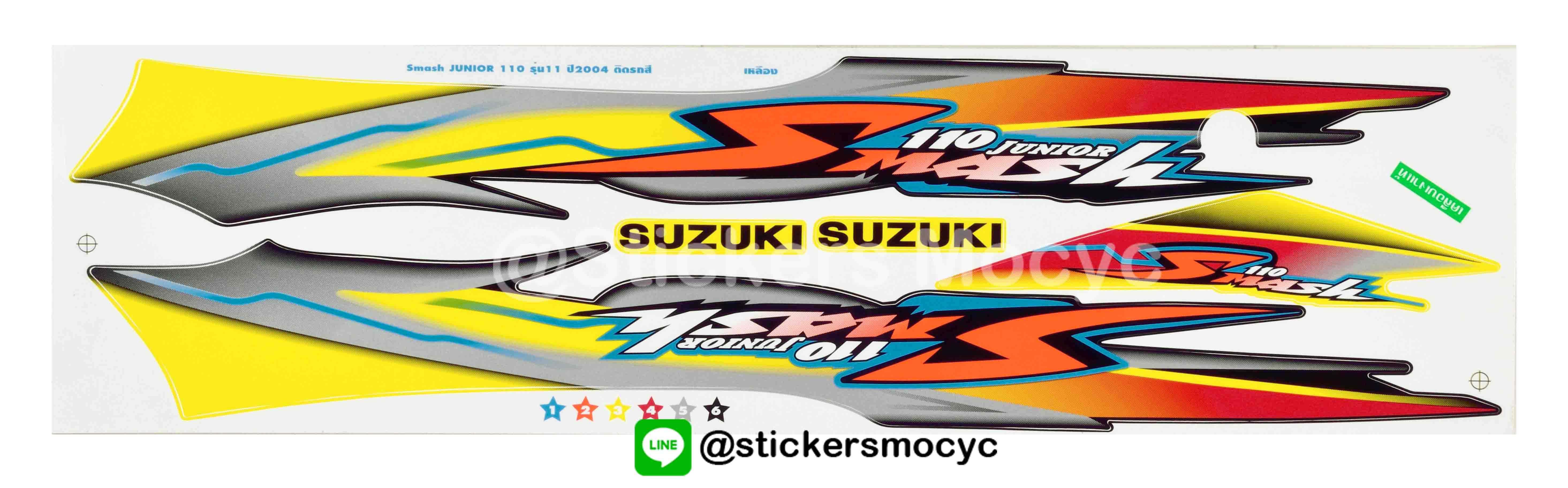 สติ๊กเกอร์ติดรถ มอเตอร์ไซค์ ซูซูกิ สแมช จูเนียร์ Sticker Suzuki Smash Junior ปี 2004 รุ่น 11 ติดรถ สีเหลือง (เคลือบเงาแท้)