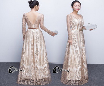 ชุดเดรสสีทองคอวี เดรสคอวีแขนเลยศอก