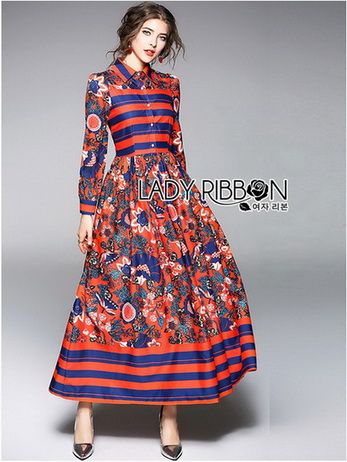 เชิ้ตเดรสพิมพ์ลายดอกไม้สลับลายทาง