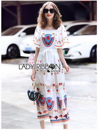 Dress เดรสผ้าเครปสีขาวพิมพ์ลายสีสดใส