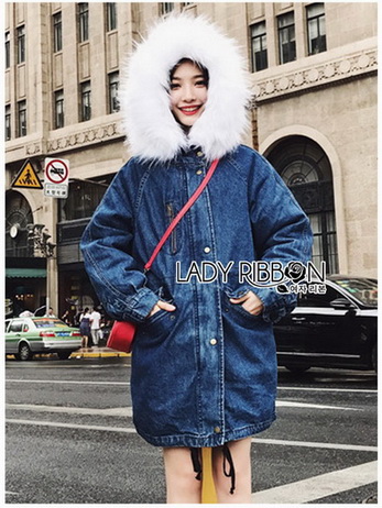 Chic Lady Ribbon Fur-Hood Denim Jacket