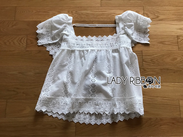 เสื้อแขนระบายผ้าลูกไม้สีขาวสไตล์วินเทจ