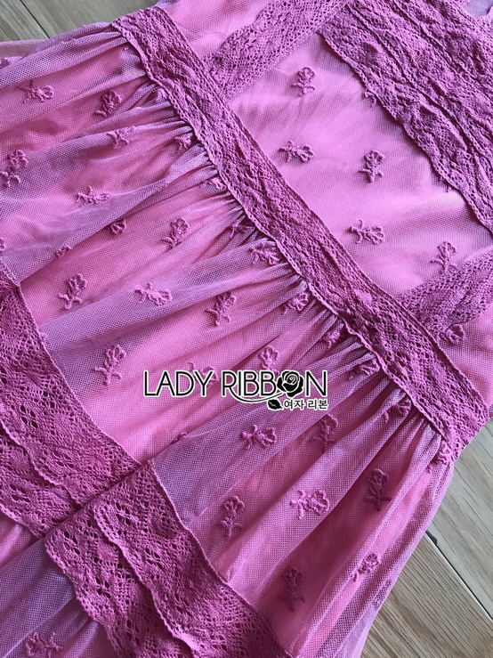 เดรสผ้าลูกไม้สีชมพูเข้มสดใสผ้าลูกไม้โปร่งทอลาย