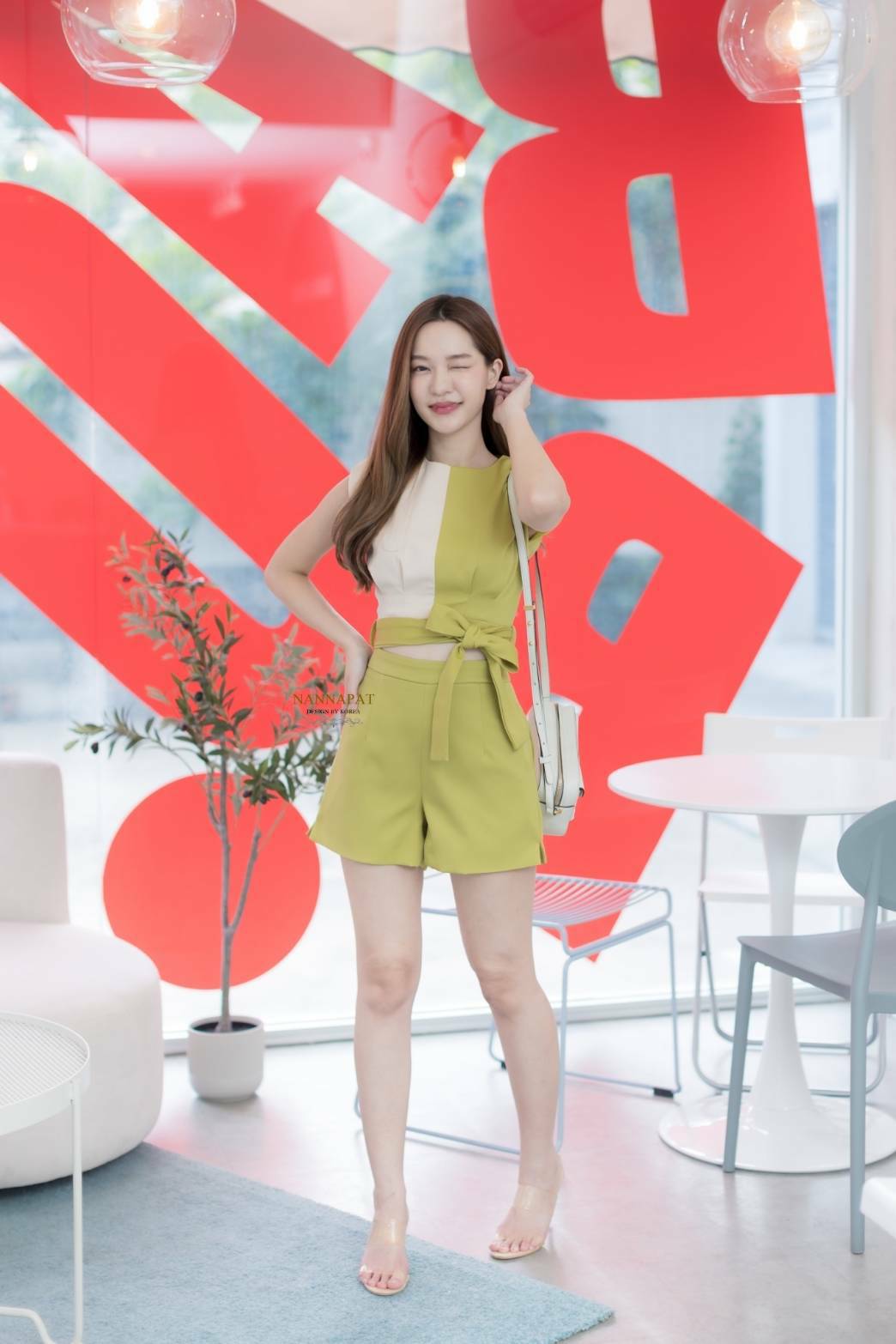 เสื้อทูโทน ซิปหลัง ผูกโบว์ที่เอว