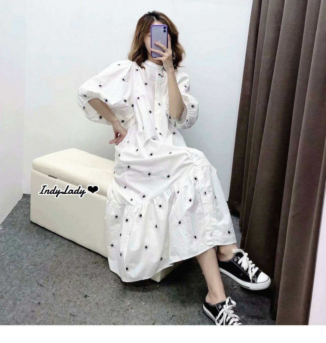 Dress แขนสั้นพองกระดุมหน้า
